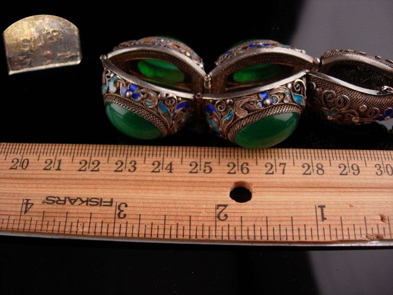 Antique Chinese export bracelet ancient stone sterling silver filigree Enamel flowers hinged bracelet vintage ethnic jewelry image 6