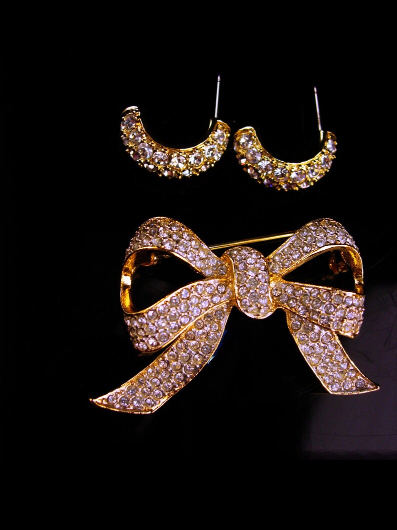 KJL Vintage earrings Pave brilliant rhinestone Bow Brooch Designer hoop pierced Couture jewelry kenneth Jay Lane wedding earrings image 4