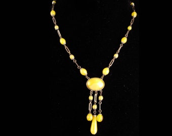 Vintage art deco SIGNED necklace SLAG glass Czech tassel chandelier yellow glass Czechoslovakia