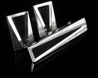 Black deco cufflinks / silver Tie clip / Vintage Wedding jewelry / Tuxedo set / Groomsman / Anson / gift for him / silver plate Tie bar