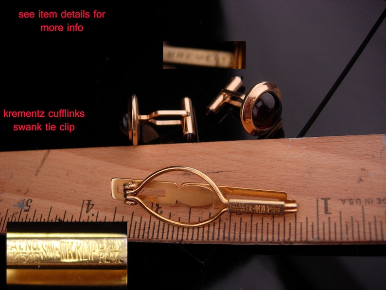 Krementz cufflinks RED jeweled ends vintage tie clip formal wear mens jewelry designer swank tie bar wedding groom fathers day