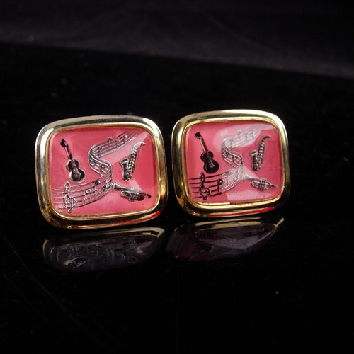 Pink Music cufflinks / Extra large set / retro music lover / Vintage Music cufflinks / Musical Notes Cufflinks / Vintage golden buy pink Set