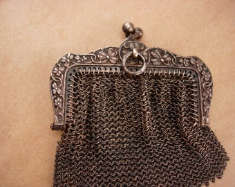 Antique 1800's French coin pouch / 3 leaf clover chatelaine Irish wedding mesh purse / double compartment - Victorian vintage purse