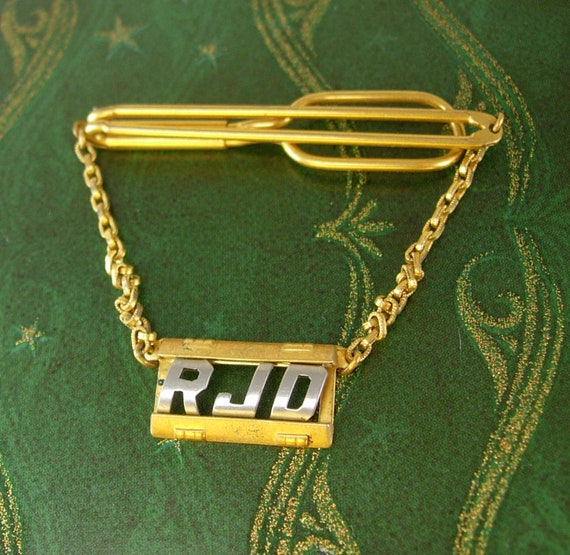 Swank Swag Chain Tie Clip Vintage Initials RJD cu… - image 1