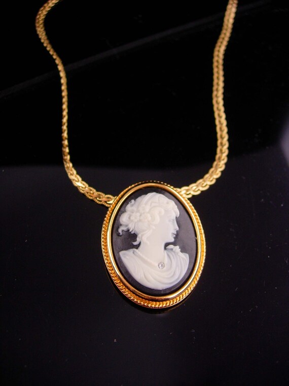 Black Cameo necklace Religious medal catholic cameo vintage brooch gold pendant necklace faux diamond gift for her anniversary