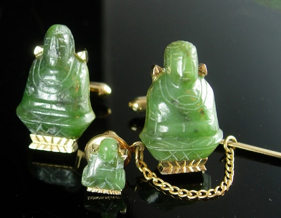 Vintage Buddha Cufflinks ORIGINAL Box Tie tack Ch… - image 1