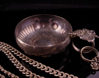 1800's wine tasting cup - Silver Grape Handle - Silver tastevin with chain - wine collector - one of a kind gift