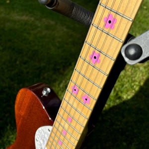 Puede incluir: Una guitarra eléctrica marrón con un mástil de madera clara con marcadores de traste en forma de flor rosa. La guitarra tiene un golpeador blanco y está apoyada en un soporte negro. El fondo es hierba verde.