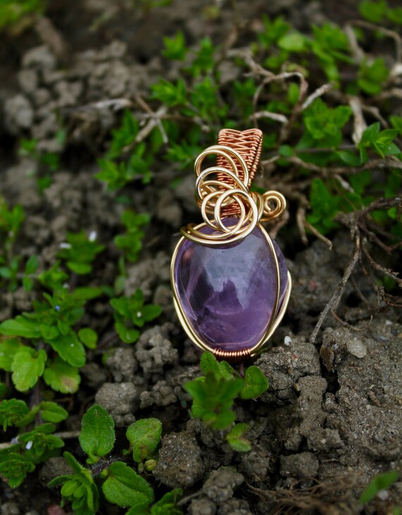 Gold Copper Amethyst Pendant // Wire Wrap Pendants by Raine