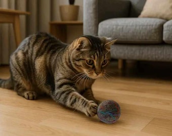 以下が含まれることがあります： 尖った耳と長いひげを持つ茶色と黒のトラ猫が、木の床にしゃがみ込み、青、赤、灰色の斑点がある小さくて丸い多色のフェルトウールボールのおもちゃに片方の前足で触れようとしています。