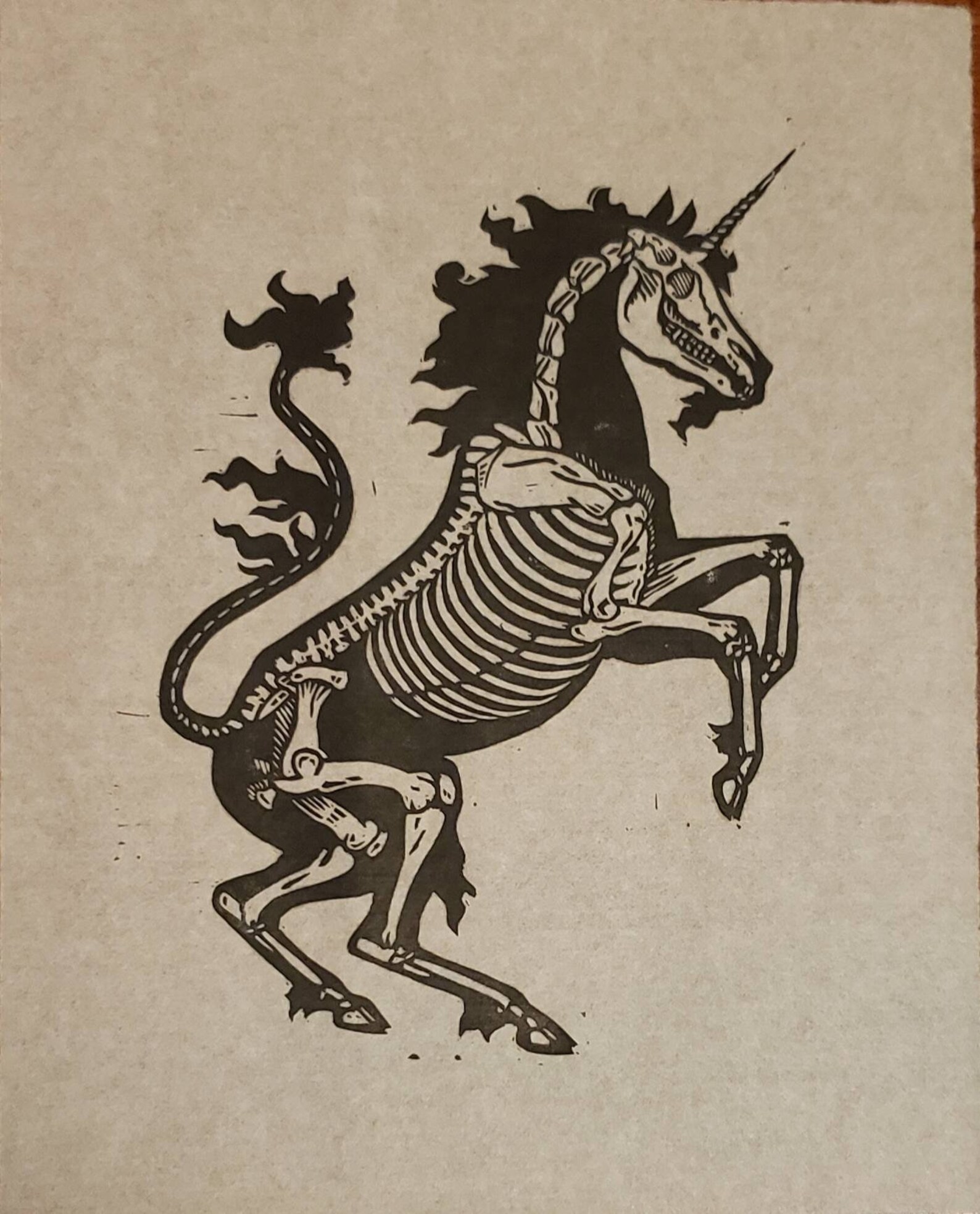 Handprinted Unicorn Skeleton Linocut Print on 8x10 Etsy