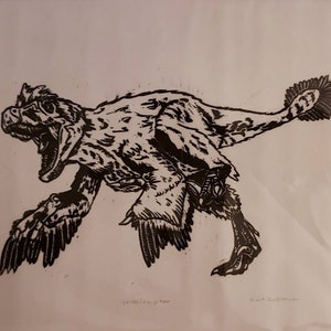 Velociraptor linocut print op 8x10