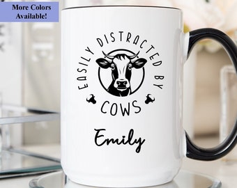 Easily Distracted By Cows Coffee Mug, Personalized Cow Lover Coffee Cup, Cow Gifts For Women, Cow Coffee Mug Cup, Cow Farmer Coffee Mug Cup