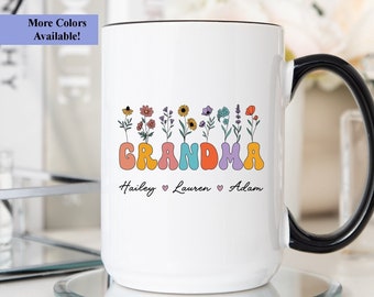 Grandma Mug With Grandkids Names, Personalized Grandma Wildflowers Cup, Grandma Gift From Grandkids, Custom Grandma Coffee Mug