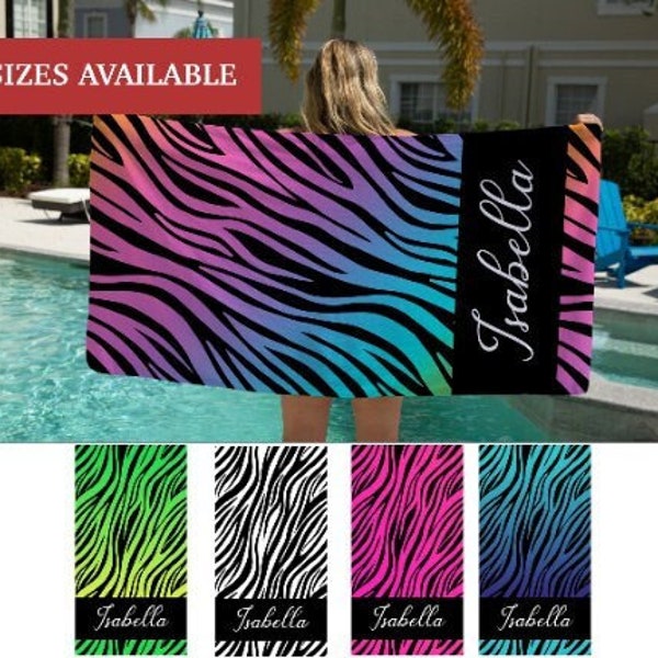 Personalized Zebra Print Beach Towel, Beach Gifts For Women, Zebra Pool Towel, Zebra Name Beach Towel, Kids Zebra Towel, Girls Zebra Towel