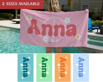 Personalized Retro Beach Towel, Beach Gifts For Women, Hippie Pool Towel, Groovy Pool Towel, Retro 70's Gifts, Daisy Beach Towel, Name Towel