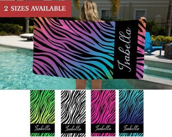 Personalized Zebra Print Beach Towel, Beach Gifts For Women, Zebra Pool Towel, Zebra Name Beach Towel, Kids Zebra Towel, Girls Zebra Towel