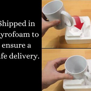 May include: White ceramic mug being placed in a styrofoam packaging to ensure safe delivery.