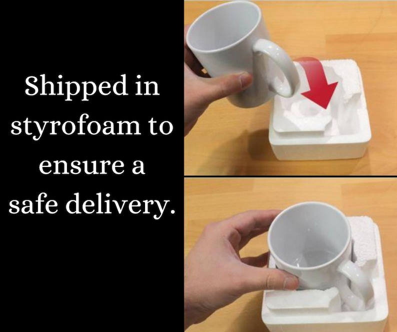 May include: A plain white ceramic mug being placed into a custom-fitted white styrofoam protective packaging block. The mug features a standard handle and a smooth, glossy finish, designed to fit securely within the molded foam insert.