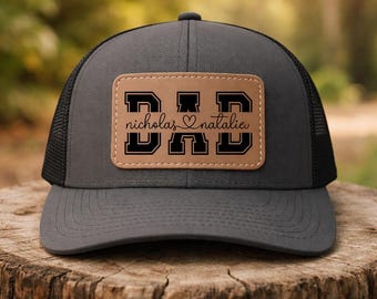 Personalized Dad Hat with Leather Patch, Custom Name Trucker Hat for Father’s Day, Dad Cap with Kids Names, Custom Dad Gift Hat