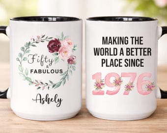 50th Birthday Gifts For Women, 50th Birthday Personalized Mug for Women, Fifty and Fabulous Mug, 1976 Milestone Birthday Mug (LB-EHGNOEW50)