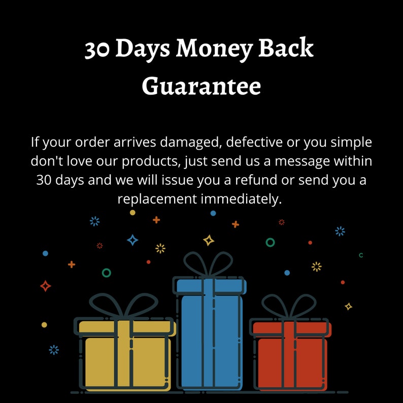 May include: A black graphic featuring the white text 30 Days Money Back Guarantee, followed by a policy statement. Below, three stylized gift boxes in yellow, blue, and red with ribbons are surrounded by small colorful confetti shapes.