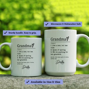 Pu&ograve; includere: Due tazze in ceramica bianca con la parola "Nonna" stampata in nero. Le tazze hanno una definizione di "Nonna" e sono disponibili nelle misure da 312 ml e 425 ml. Hanno manici robusti e sono adatte al microonde e alla lavastoviglie.