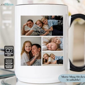 May include: White ceramic mug with a black handle and rim, featuring a collage of family photos. The mug has the text "LesBleus" on the side and icons indicating it is dishwasher and microwave safe. The bottom of the mug has the text "More Mug Styles Available!"