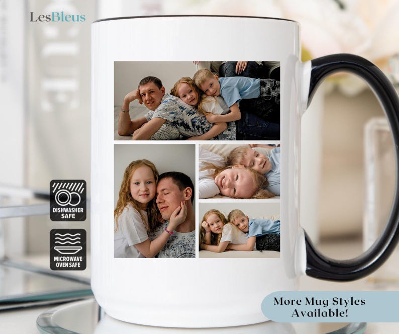 May include: White ceramic mug with a black handle and rim, featuring a collage of family photos. The mug has the text "LesBleus" on the side and icons indicating it is dishwasher and microwave safe. The bottom of the mug has the text "More Mug Styles Available!"