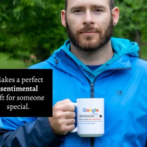 May include: A white ceramic mug featuring a Google Search bar graphic with the text BEST PASTOR EVER in the search field, followed by the text Found 1 result for BEST PASTOR EVER and a placeholder line for PASTOR'S NAME HERE in blue text.