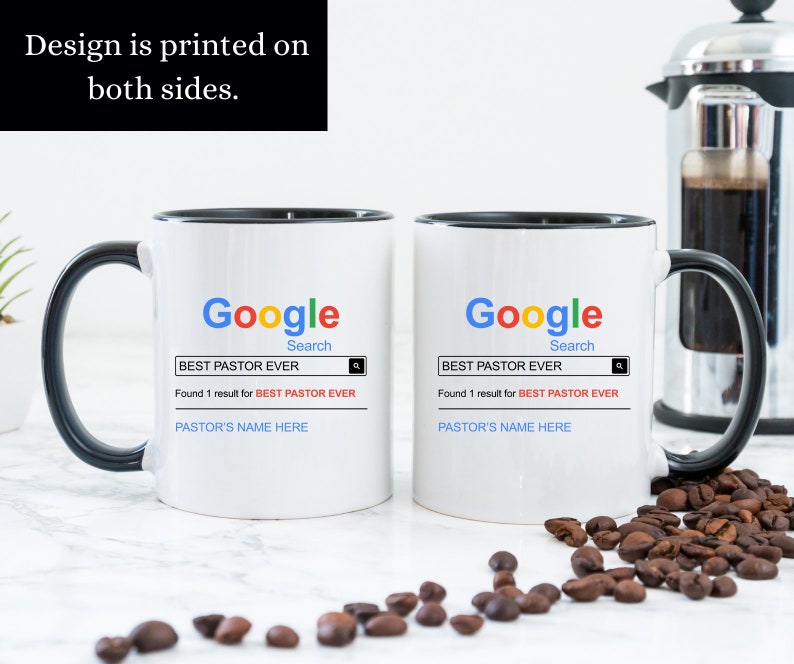 May include: Two white ceramic mugs with black handles and rims. The mugs feature a Google search bar graphic with the text BEST PASTOR EVER, the phrase Found 1 result for BEST PASTOR EVER, and a placeholder line for PASTOR'S NAME HERE.