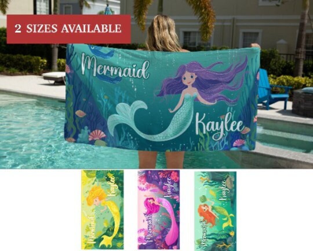 Personalized Girls Mermaid Beach Towel, Mermaid Pool Towel for Girls