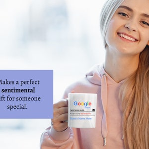 Puede incluir: Taza de cer&aacute;mica blanca con un dise&ntilde;o de barra de b&uacute;squeda de Google. La barra de b&uacute;squeda dice "BEST BOSS EVER" y los resultados muestran "Found 1 result for BEST BOSS EVER". El texto "Boss's Name Here" est&aacute; debajo de los resultados de la b&uacute;squeda.