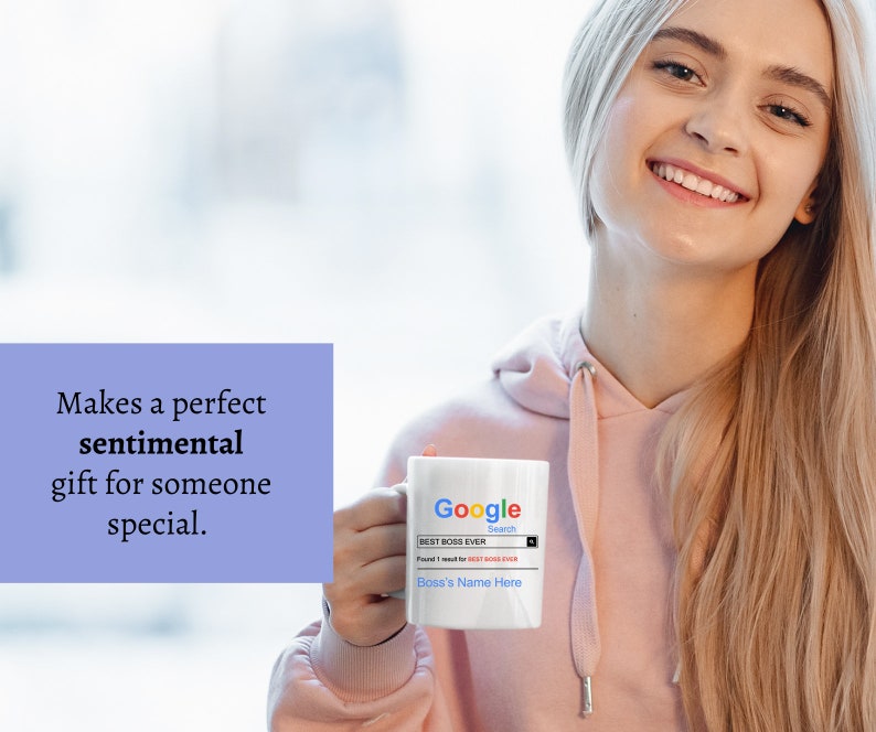 Puede incluir: Taza de cer&aacute;mica blanca con un dise&ntilde;o de barra de b&uacute;squeda de Google. La barra de b&uacute;squeda dice "BEST BOSS EVER" y los resultados muestran "Found 1 result for BEST BOSS EVER". El texto "Boss's Name Here" est&aacute; debajo de los resultados de la b&uacute;squeda.