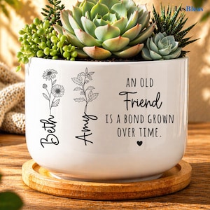 May include: White ceramic planter with a wooden base, filled with various succulents. The planter has the names "Beth" and "Amy" with floral illustrations. Text reads "AN OLD Friend IS A BOND GROWN OVER TIME."