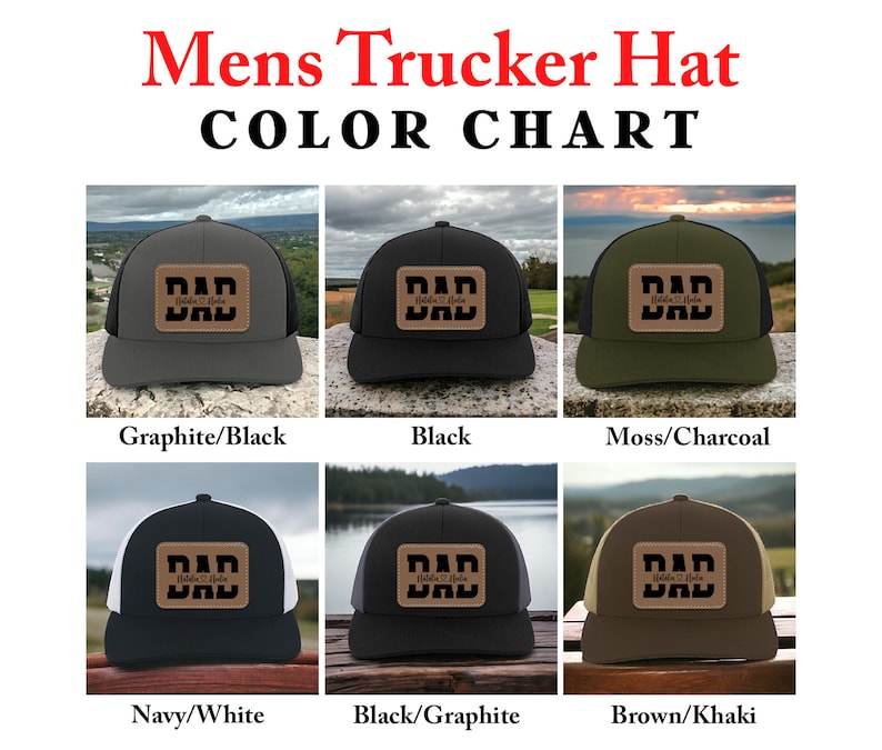 K&ouml;nnte beinhalten: Farbkarte f&uuml;r Trucker-Caps mit verschiedenen Farbkombinationen. Die Caps haben einen braunen Leder-Patch mit dem Wort "DAD" in schwarzer Schrift. Die Farbkombinationen umfassen Graphit/Schwarz, Schwarz, Moos/Anthrazit, Marine/Wei&szlig;, Schwarz/Graphit und Braun/Khaki.