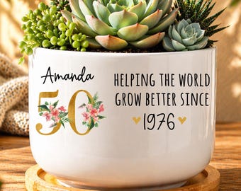 Personalized 50th Birthday Gift, Custom 50th Birthday Planter Pot, Birthday Gift For Woman Turning 50 (LB-DZCP7B20D)
