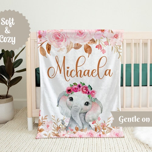 Elephant Personalized Baby Girl Blanket Baby Blanket Name Etsy