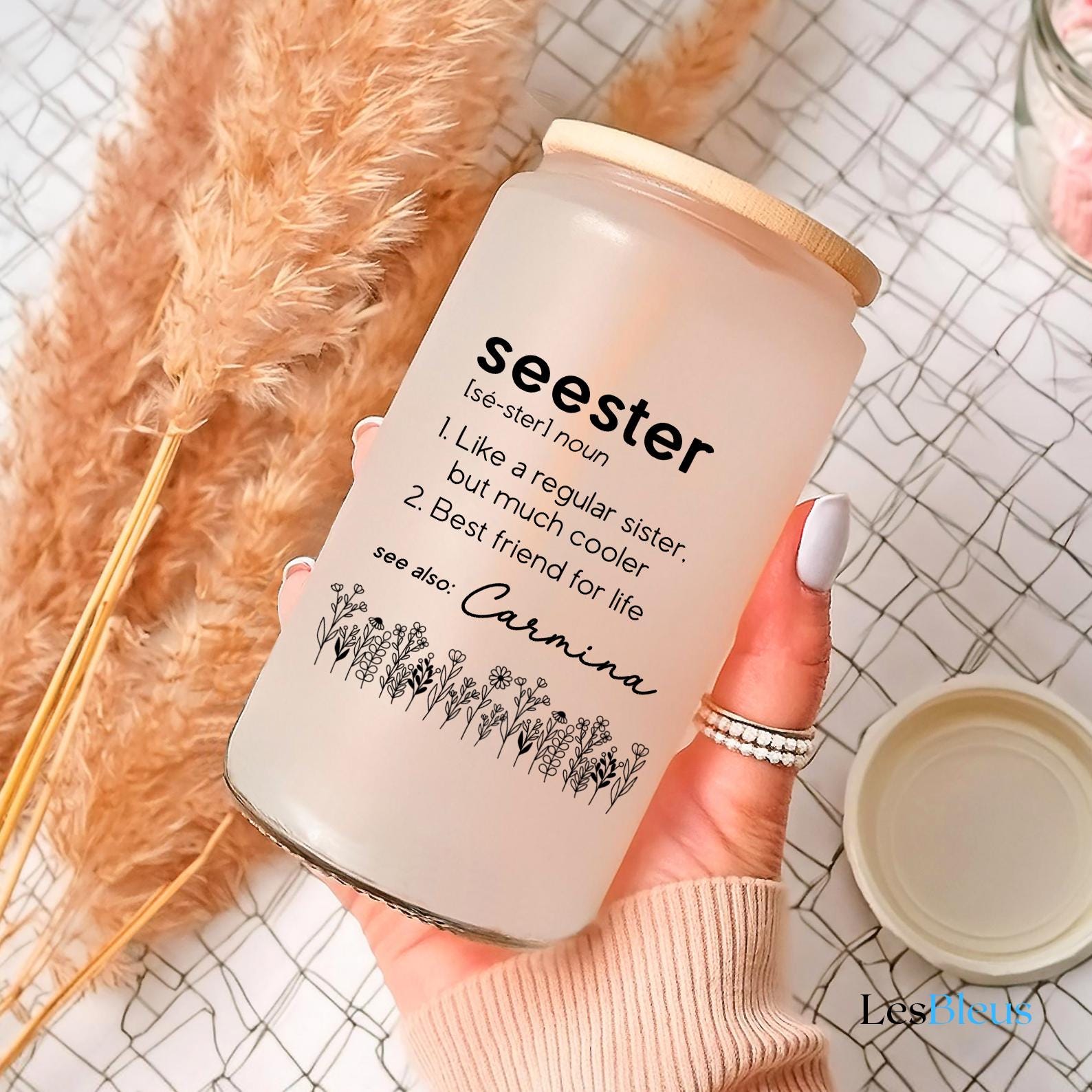 Seester Definition Tumbler, Sister Glass Tumbler, Gift for Sister Tumbler, Sister to Sister Gift Cup, Personalized Sister Tumbler (LB-DOFR2)