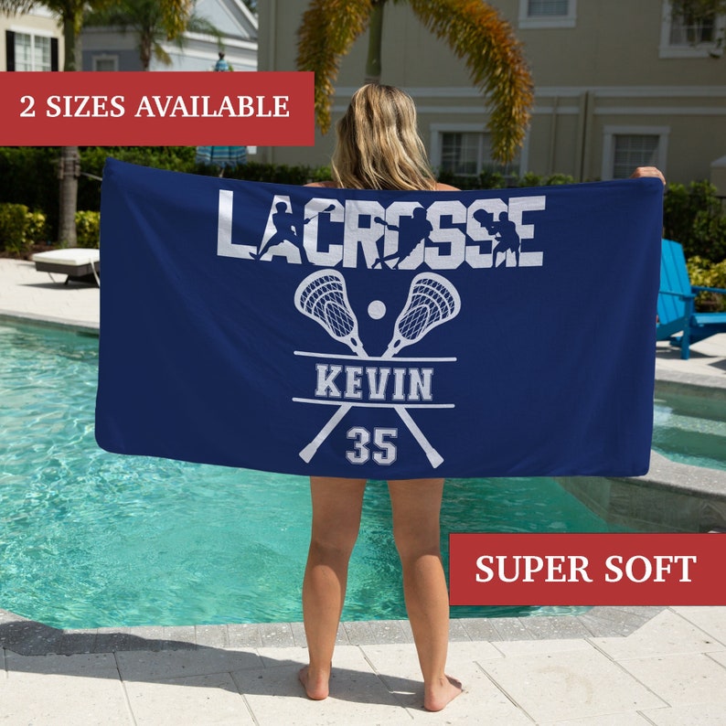 Lacrosse Beach Towel Personalized, Lacrosse Gifts, Lacrosse Pool Towel, Lacrosse Player Gifts, Lacrosse Bath Towel, Lacrosse Coach Gift image 1