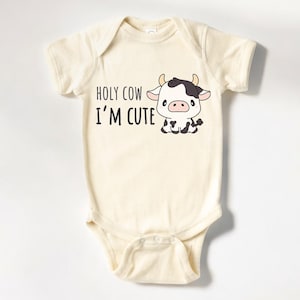 Holy Cow I&#39;m Cute Onesie®, Cute Cow Baby Bodysuit, Highland Cow Natural Baby Onesie®, Cow Baby Onesie® Gift, Cow Lover Onesie® (LB-ANVYG894)