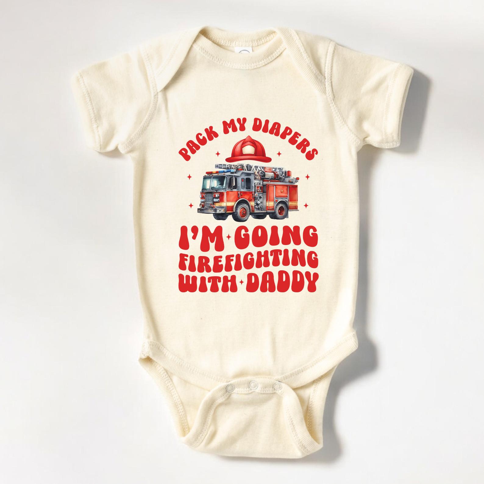 Firefighter Baby Onesie®, Pack My Diapers I'm Going Firefighting With Daddy Baby Bodysuit, Firefighter Natural Baby Onesie® (LB-223KSD)