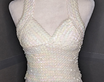 Lew Magram Vintage sequin stretch halter top 1980s Small white iridescent