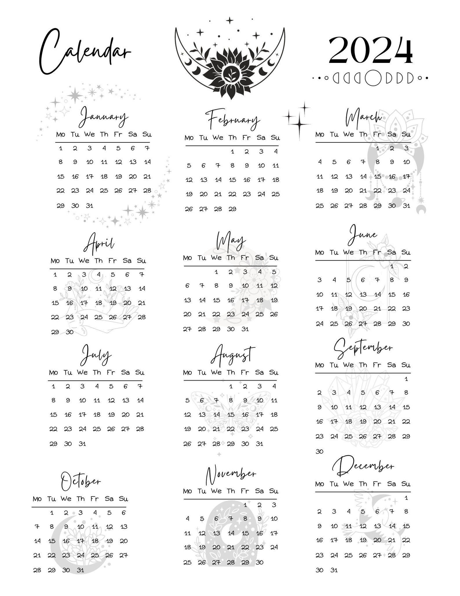 Mystical Celestial Boho Gratitude Journal Pages With Free 2024 Calendar ...