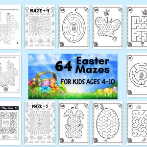 May include: A set of 64 printable Easter maze activity sheets for kids ages 4-10. The mazes feature various Easter themes, including bunnies, eggs, and butterflies.