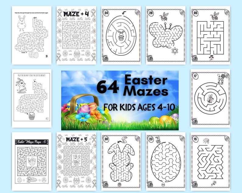 May include: A set of 64 printable Easter maze activity sheets for kids ages 4-10. The mazes feature various Easter themes, including bunnies, eggs, and butterflies.