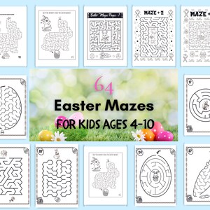 May include: A set of 64 printable Easter mazes for kids ages 4-10. The mazes feature various Easter themes, including bunnies, eggs, and baskets.