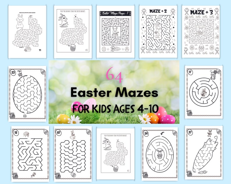 May include: A set of 64 printable Easter mazes for kids ages 4-10. The mazes feature various Easter themes, including bunnies, eggs, and baskets.