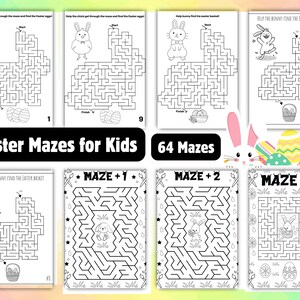 May include: A set of 64 printable Easter mazes for kids. The mazes feature bunnies, chicks, and Easter eggs. The mazes are black and white and are perfect for kids of all ages.