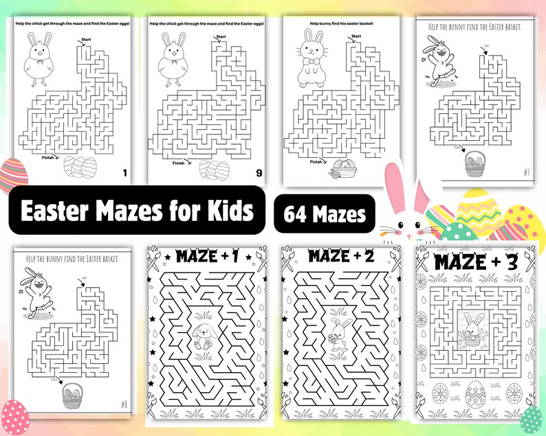 May include: A set of 64 printable Easter mazes for kids. The mazes feature bunnies, chicks, and Easter eggs. The mazes are black and white and are perfect for kids of all ages.